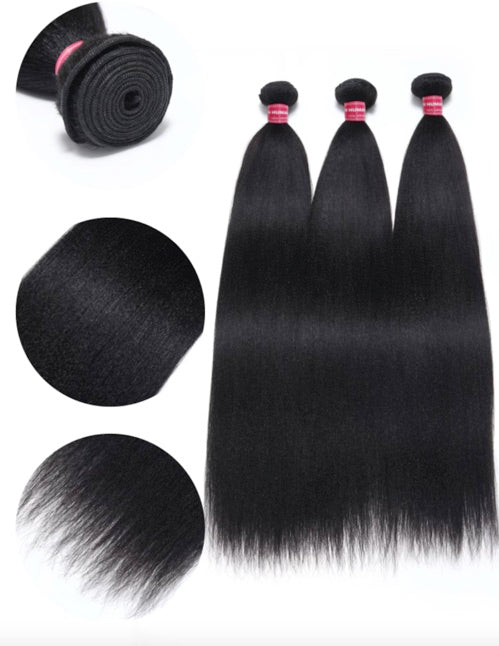 Virgin Yaki Straight Unprocessed Hair Weave With 4x4x0.75 Middle Part Lace Closure