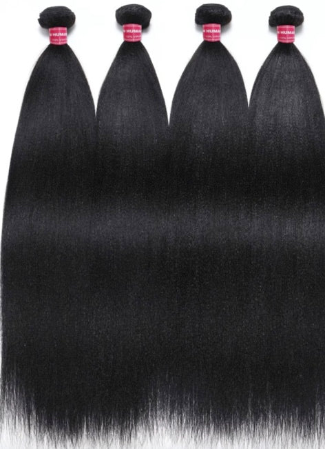 Virgin Yaki Straight Unprocessed Hair Weave With 4x4x0.75 Middle Part Lace Closure