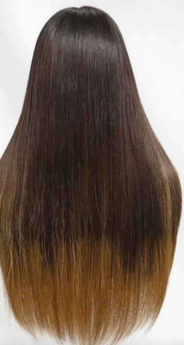 7x5 Ombre Brown to Blonde Straight Wig with Bangs – Face-Framing Layered Cut Human Hair Wig with Invisible Knots