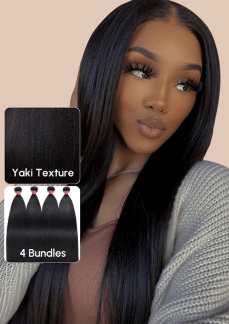 Virgin Yaki Straight Unprocessed Hair Weave With 4x4x0.75 Middle Part Lace Closure