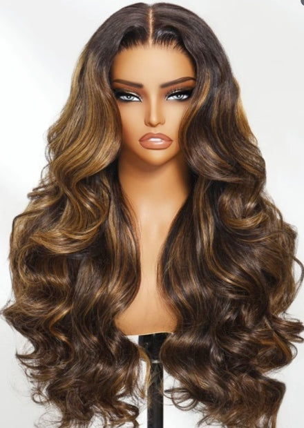 7x5 & 13x4 Highlight Balayage Body Wave Lace Front Shadow Root Human Hair Wig – Pre-Bleached Description: