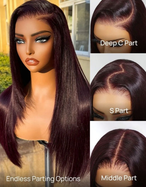 7x5 & 13x4 Burgundy Plum Layer Cut Straight Lace Frontal Wig – Pre-Everything Invisible Knots Put On and Go