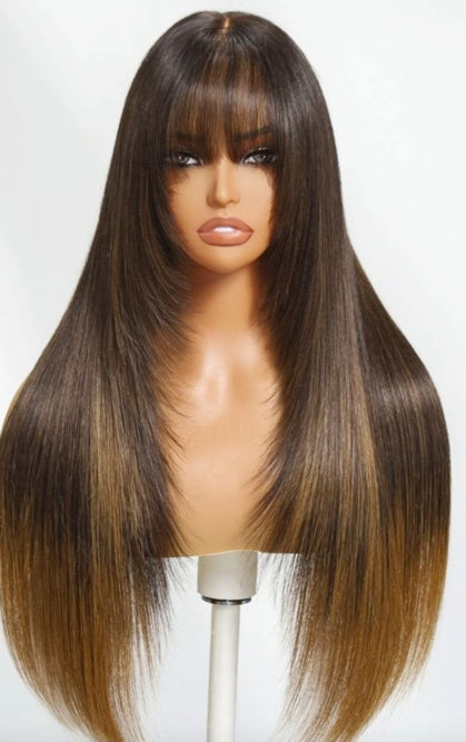 7x5 Ombre Brown to Blonde Straight Wig with Bangs – Face-Framing Layered Cut Human Hair Wig with Invisible Knots